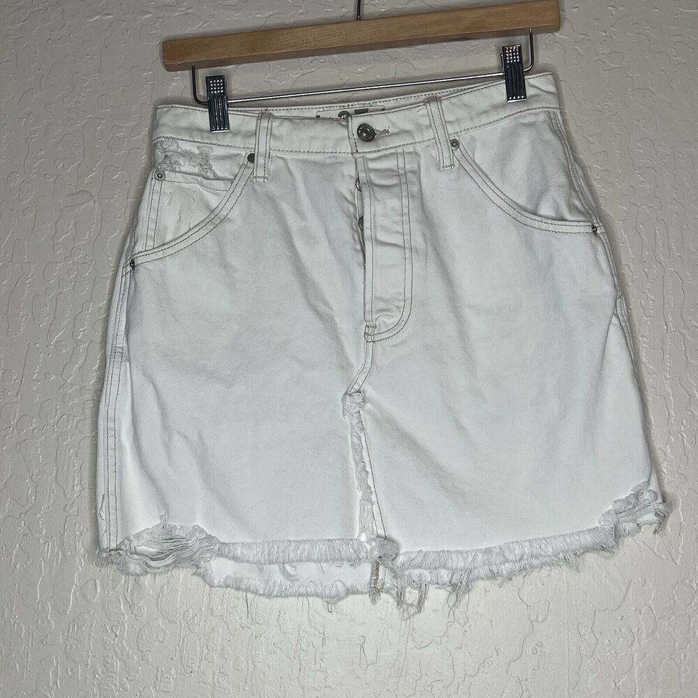 Free People We The Free Cream Distressed Denim Mini Skirt Beach Women's Size 27